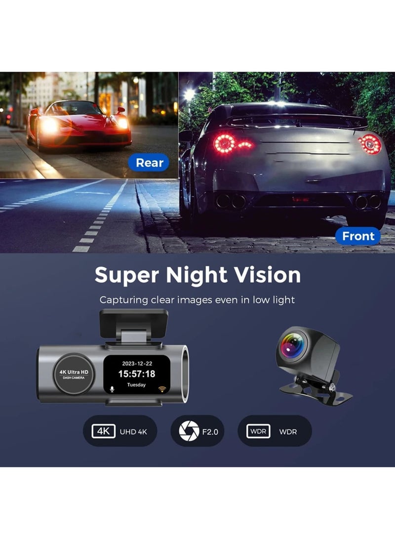 كاميرا سيارة 4K Dash Cam كاميرا أمامية وخلفية للسيارات 2 قناة عدسة مزدوجة زاوية واسعة للغاية مع رؤية ليلية تحكم WiFi استشعار الجاذبية وضع وقوف السيارات لمدة 24 ساعة تسجيل متكرر WDR - Image 2